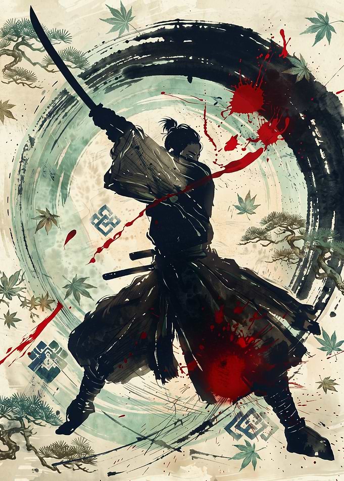 Samurai Warrior Japanese Ink Wash Painting Red Splatter Combat Katana Action Poster