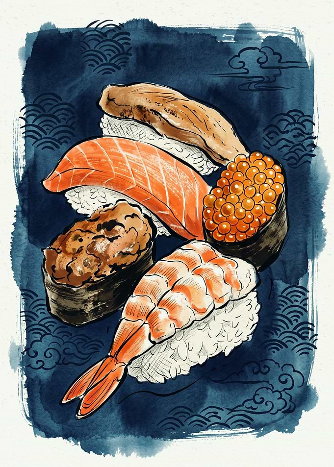 Sushi Roll Japanese Watercolor Art Seafood Platter Traditional Food Aesthetic Poster