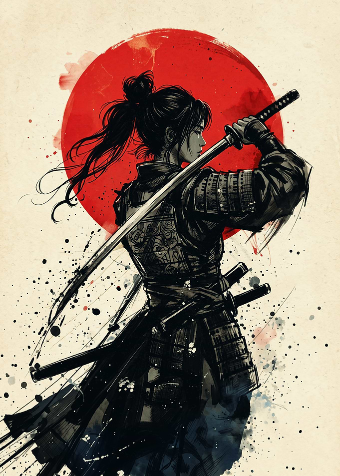 Samurai Girl Sword Japanese Ink Watercolor Red Sun Warrior Armor Art Print Poster