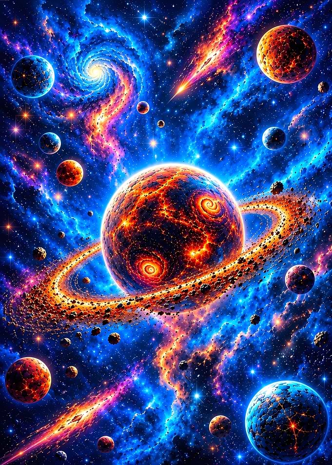 Vibrant Cosmic Galaxy with Ringed Planet