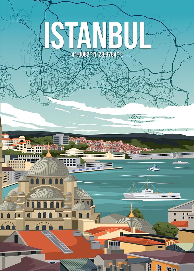 Istanbul Bosphorus Coordinates City Map Travel Poster - Urban Atlas Retro Vintage Art