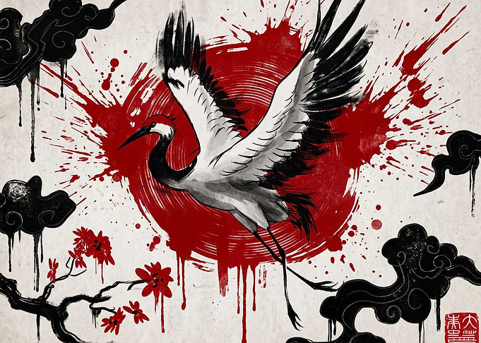 Japanese Crane with Red Sun Inkwash