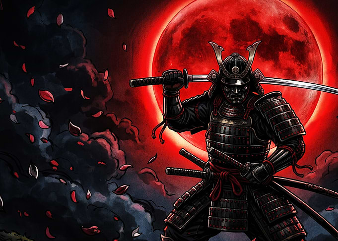 Samurai Warrior Under Red Moon