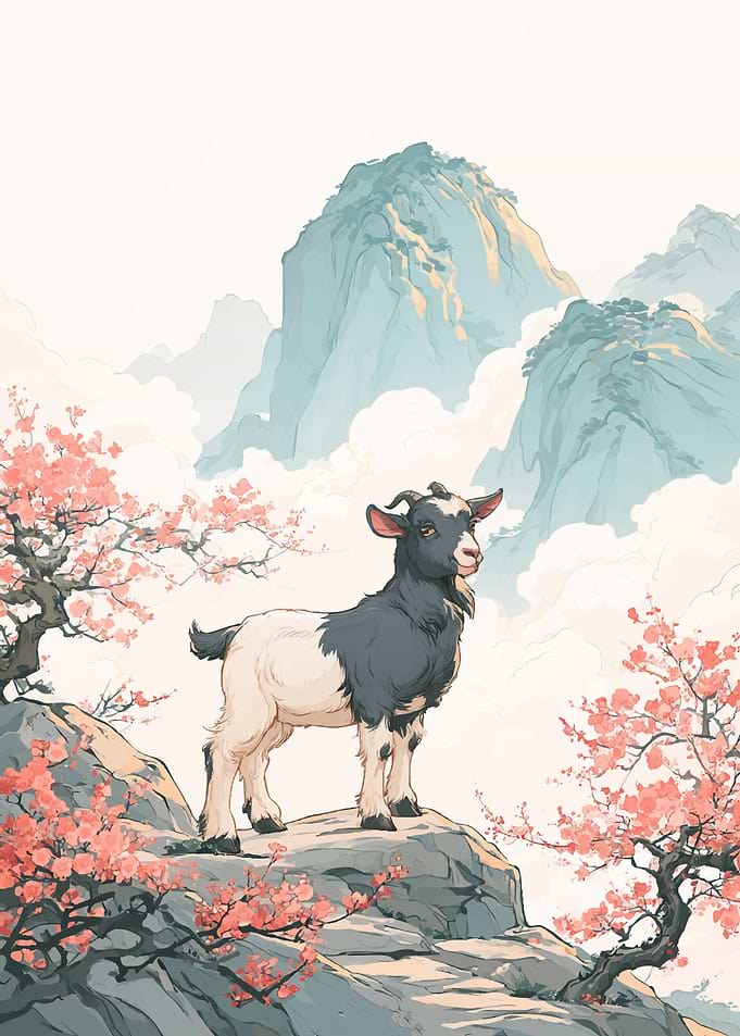Goat in Traditional Asian Landscape