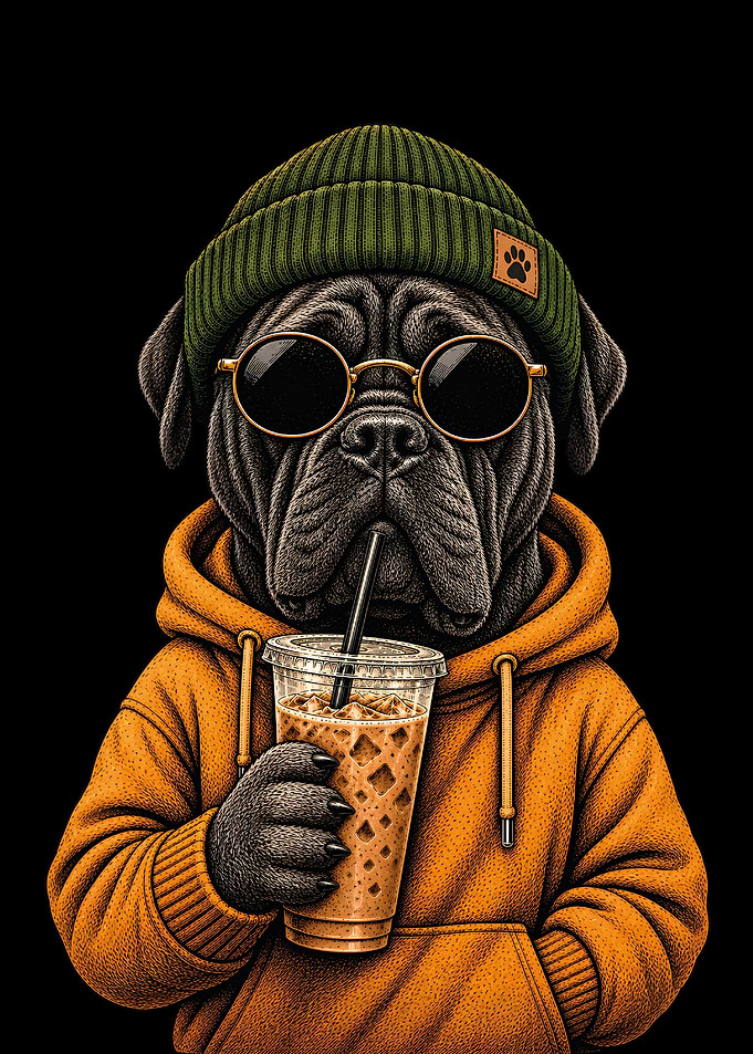 Cool Cane Corso Drinking Iced Coffee