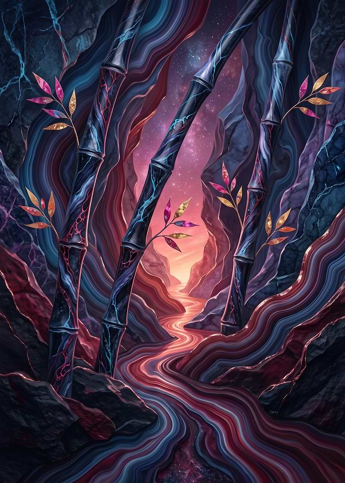 Surreal Cosmic Bamboo Forest Landscape