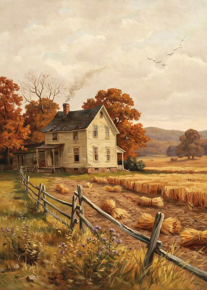 Autumn Farmhouse Landscape Painting