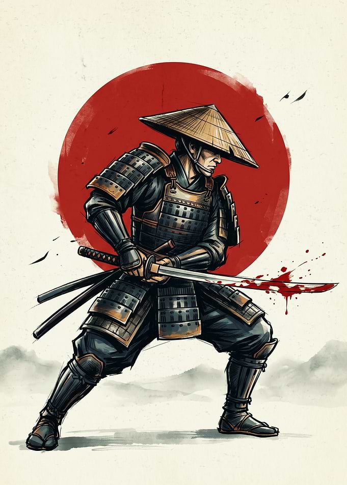 Samurai Warrior Ink Sketch Art Red Sun Japanese Katana Sword Fighter Wall Poster Print