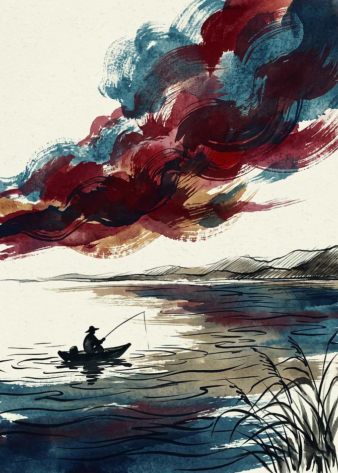 Fisherman Boat Chinese Ink Wash Painting Red Storm Clouds Water Landscape Wall Art Print