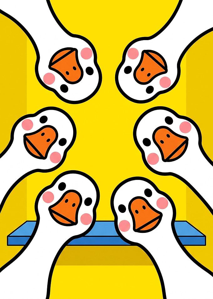 Five Cute Cartoon Geese Looking Down - toilet Pooping humor poster