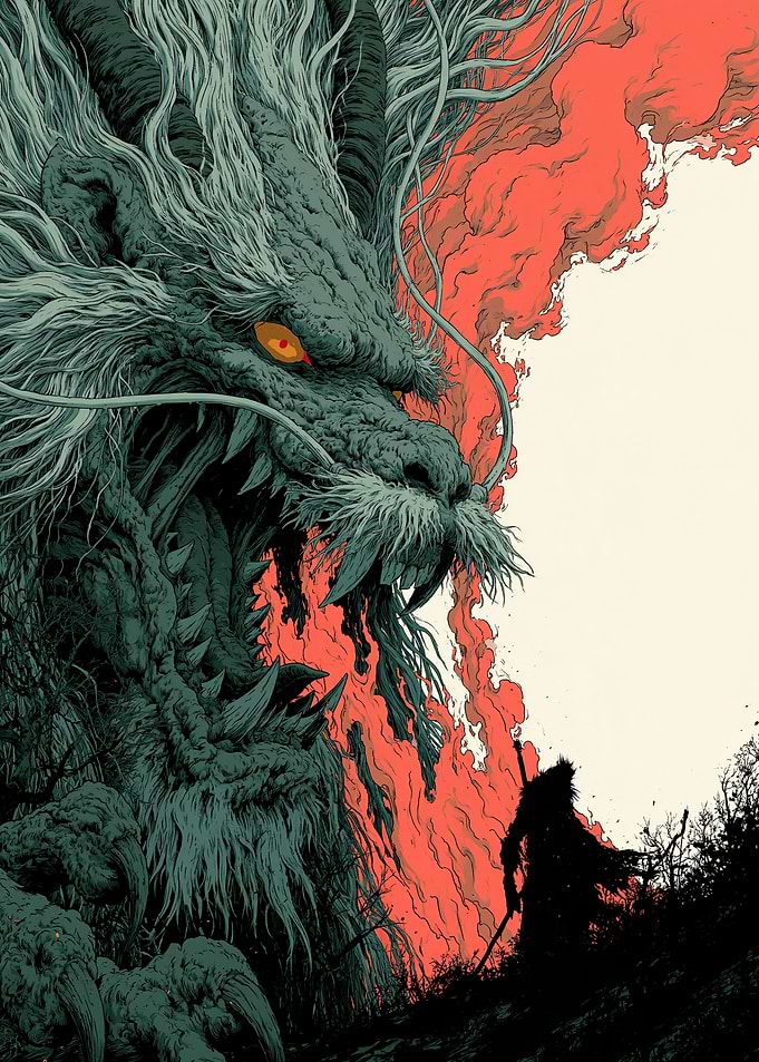 Warrior Facing a Massive Dragon