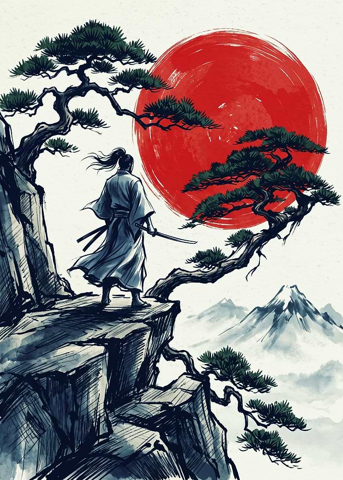 Samurai Warrior Japanese Watercolor Art Red Sun Bonsai Tree Mountain Landscape Poster