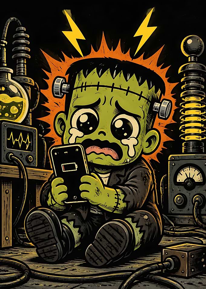 Sad Frankenstein Monster with Dead Phone
