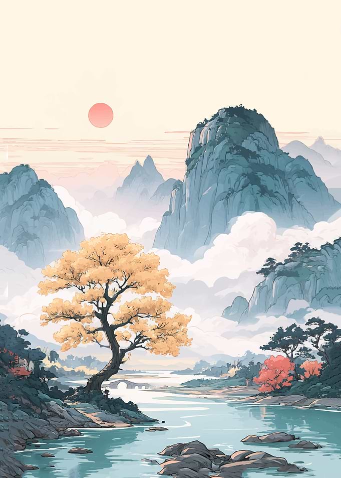 Serene Mountain Landscape with Golden Tree