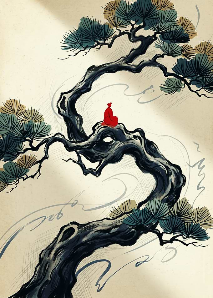 Bonsai Tree Japanese Ink Painting Minimalist Art Print Meditation Nature Wall Decor
