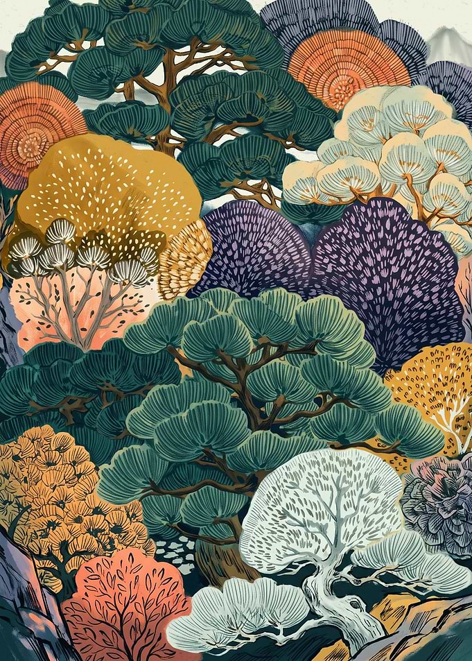 Pine Tree Forest Japanese Folk Art Boho Abstract Botanical Nature Landscape Wall Poster