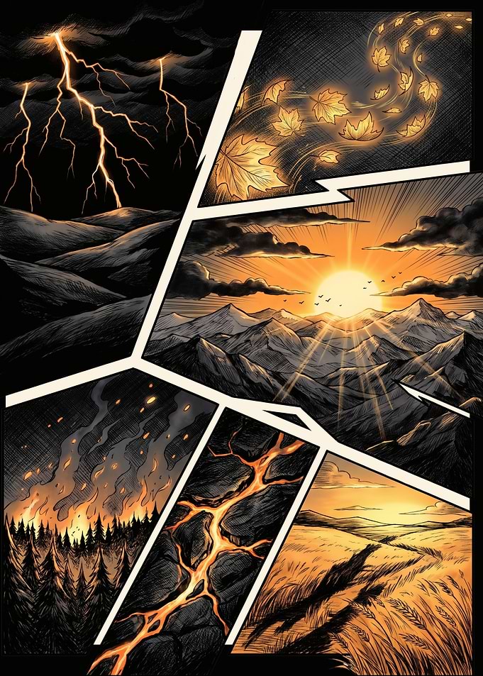 Comic Panel Collage of Nature Elements