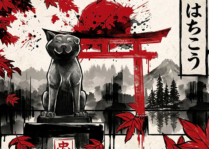 Hachiko Statue Japanese Ink Art