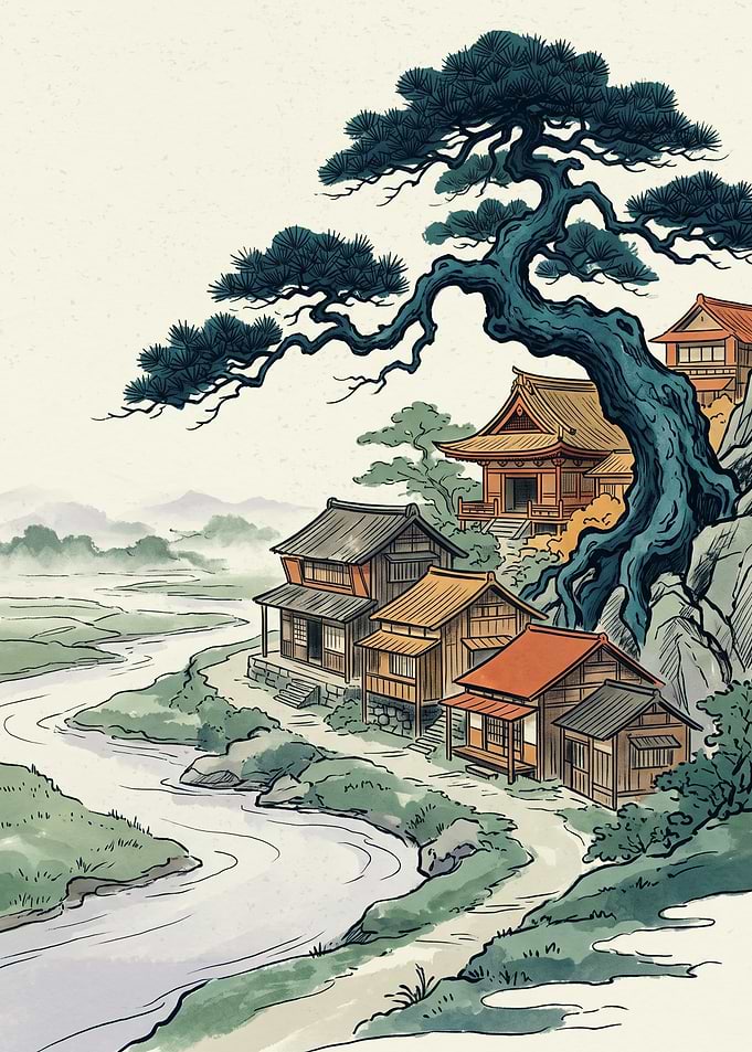 Japanese Village Landscape Ukiyo E Art Traditional Pagoda Pine Tree River Wall Print