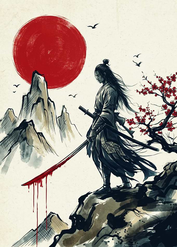 Samurai Warrior Japanese Ink Wash Painting Red Sun Mountain Cherry Blossom Wall Art