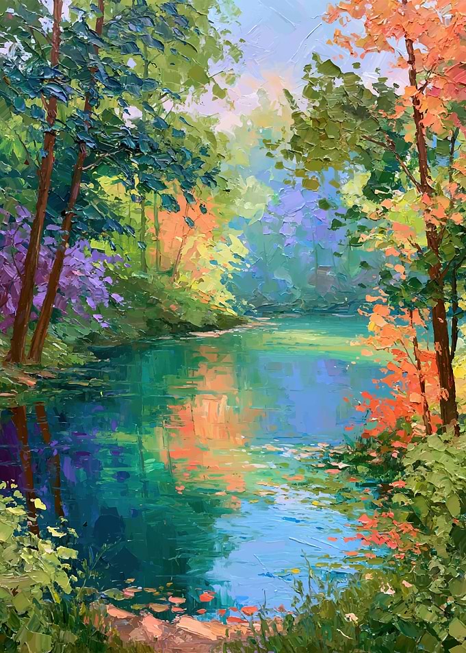 Impressionist Autumn Forest Lake Painting