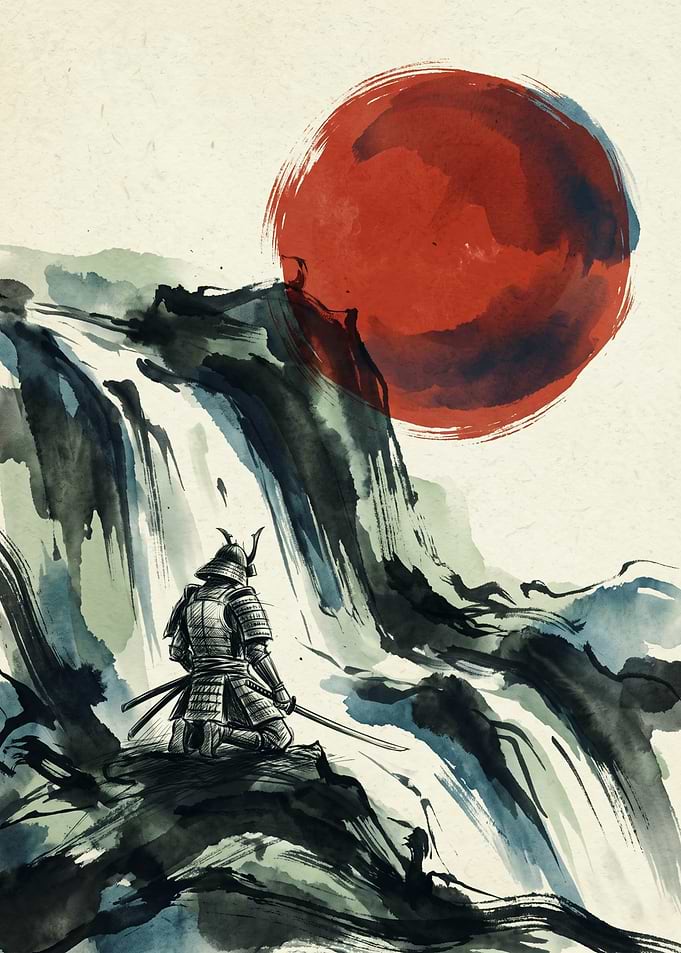 Samurai Warrior Japanese Watercolor Art Red Sun Waterfall Mountain Zen Poster Print