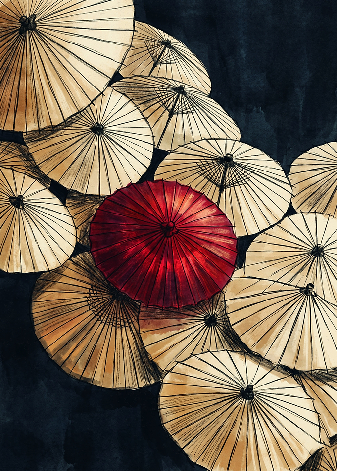 Japanese Umbrellas Traditional Parasols Watercolor Art Print Red And Beige Aesthetic Wall