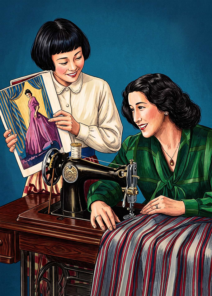 Vintage Illustration of Women Sewing