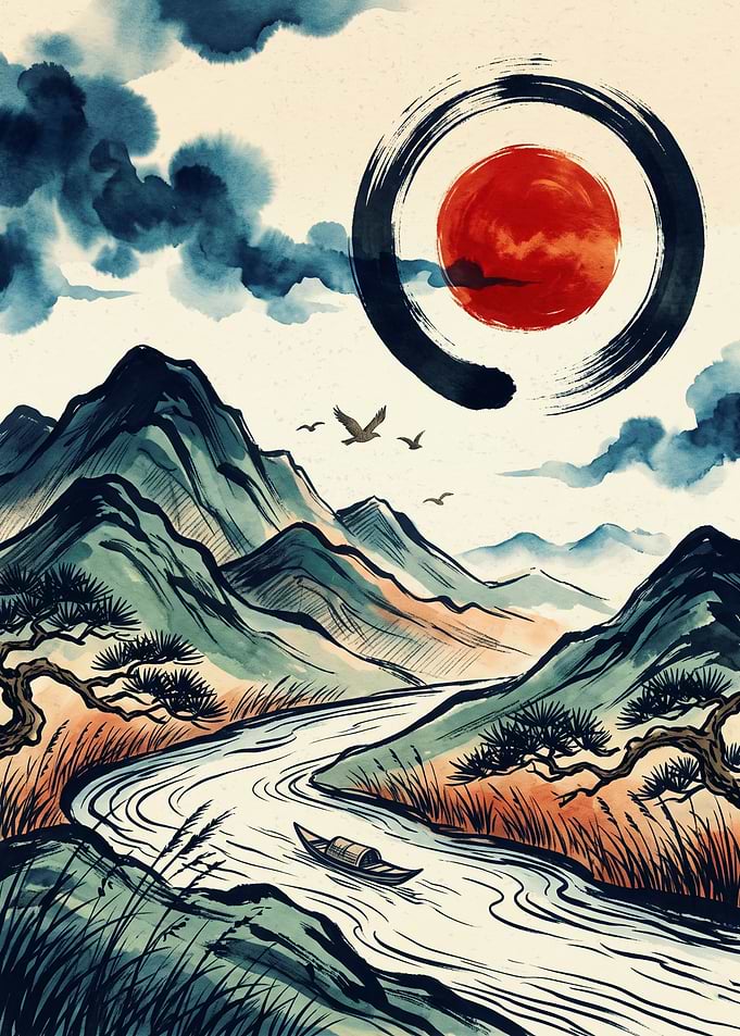 Japanese Landscape Mountain River Watercolor Art Red Sun Enso Circle Aesthetic Poster
