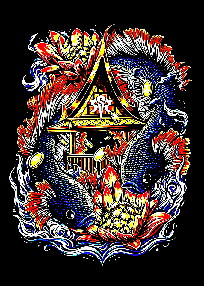 Betta Fish and Thai Pavilion Illustration