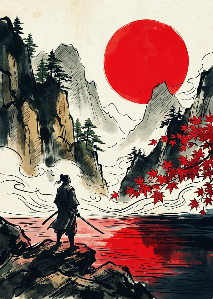 Samurai Warrior Red Sun Japanese Ink Painting Mount Fuji Landscape Art Print Poster