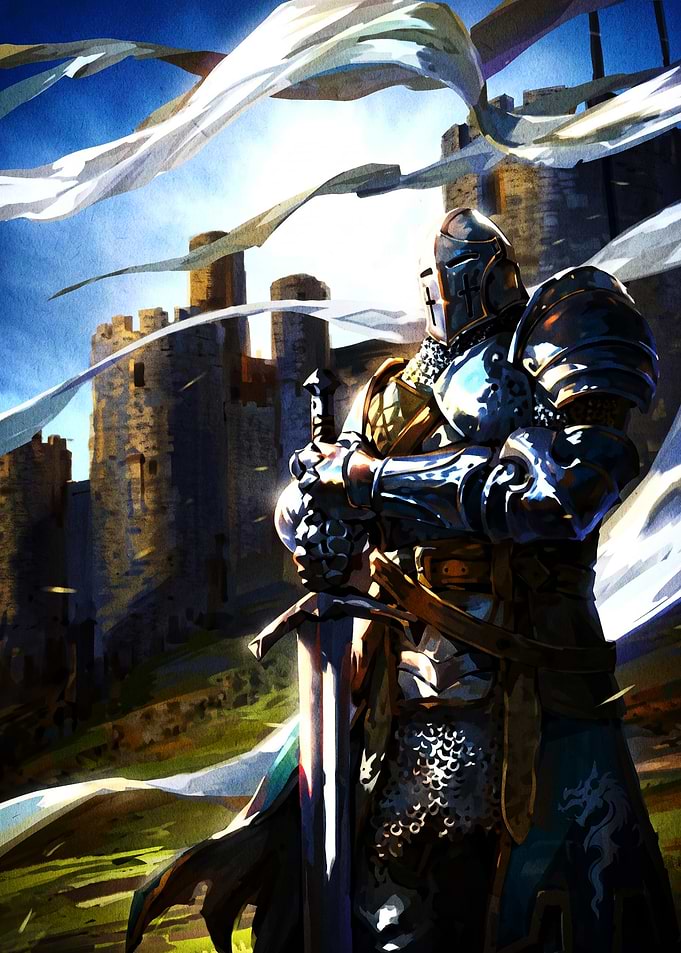 Knight Standing Before Ancient Castle