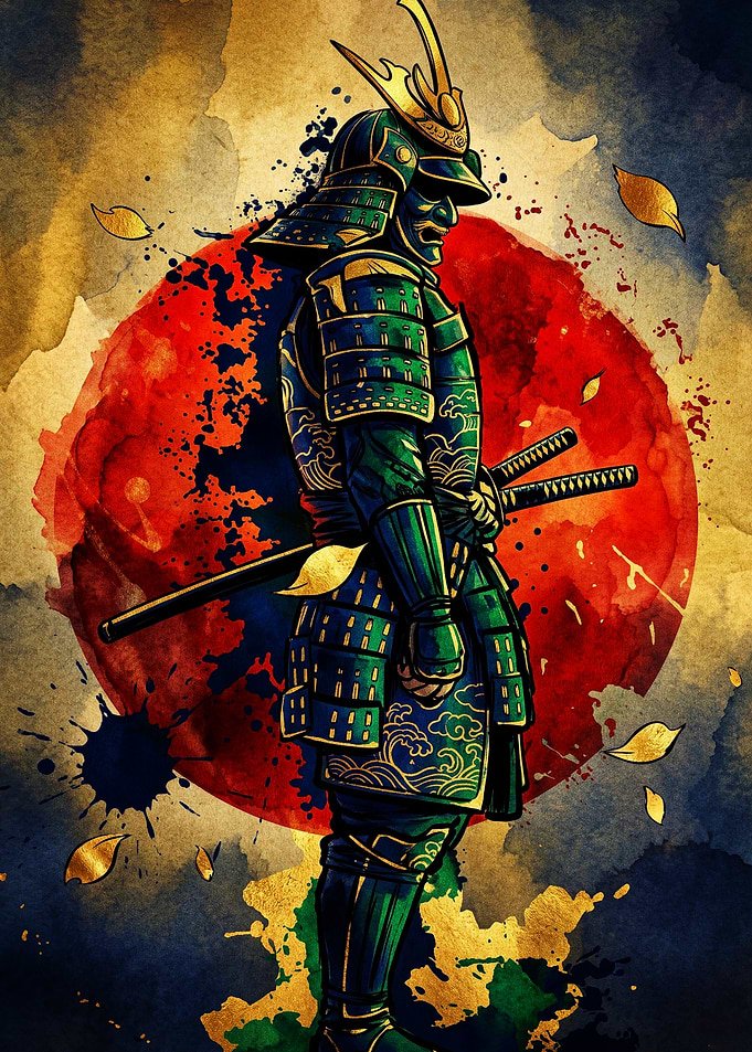 Green Samurai Warrior Watercolor Art