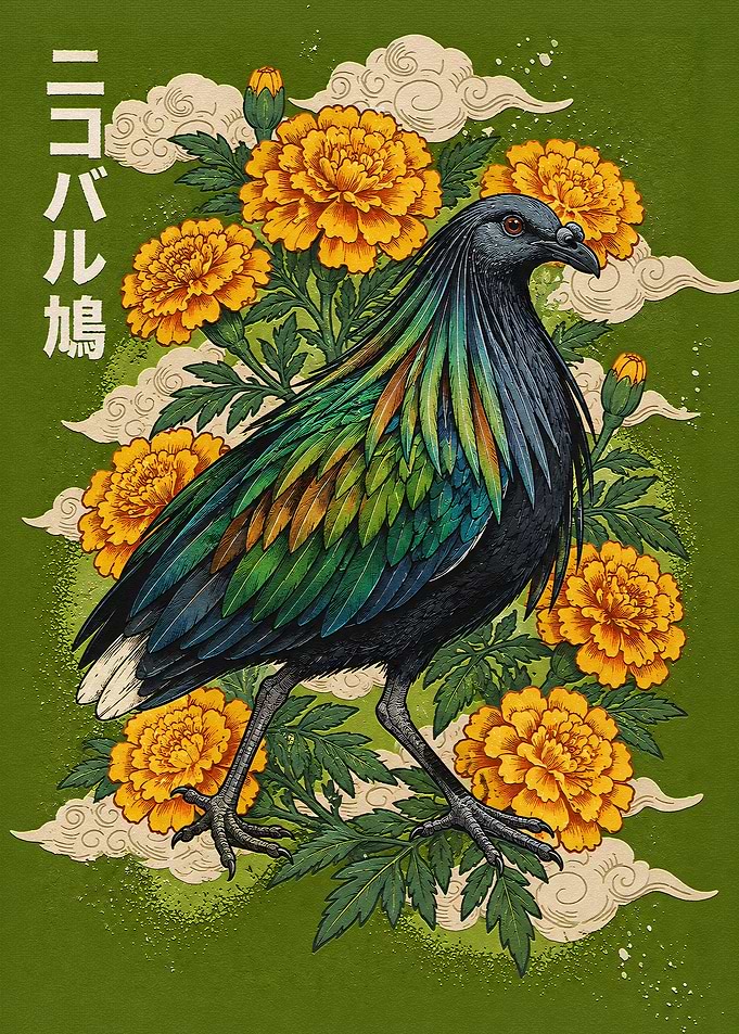 Nicobar Pigeon with Marigold Flowers