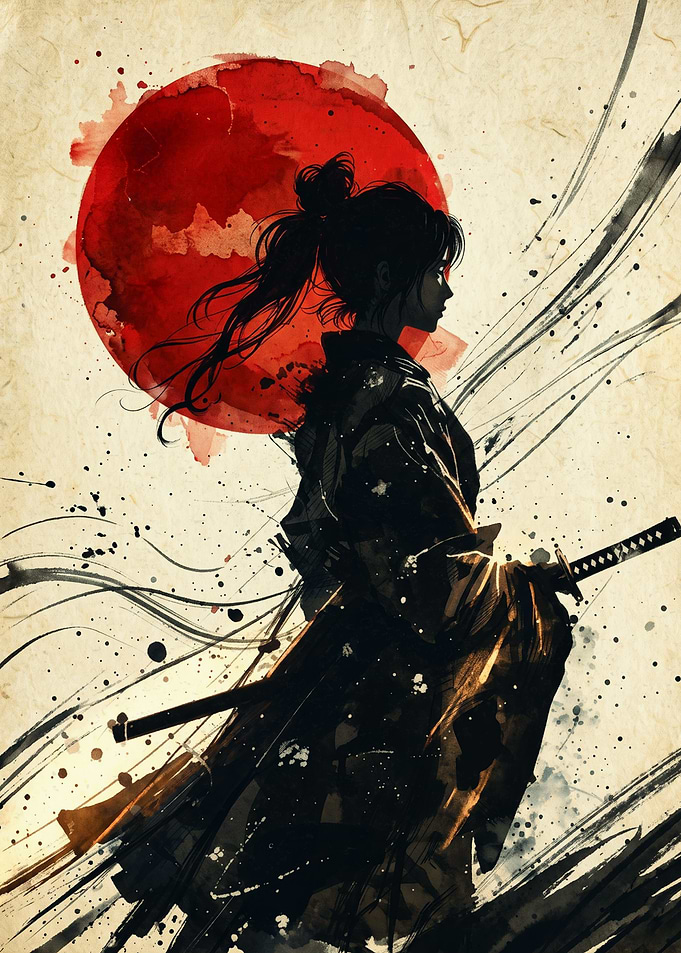 Samurai Girl Ink Wash Painting Red Sun Japanese Art Print Vintage Wall Decor Poster