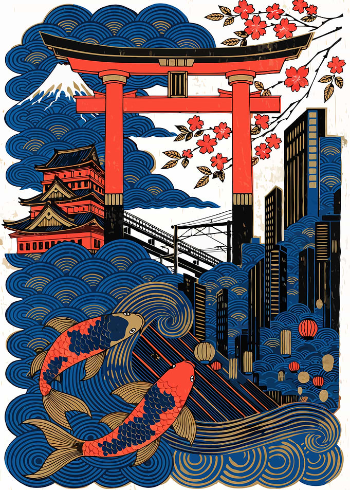 Japanese Harmony – Torii, Koi & Mount Fuji
