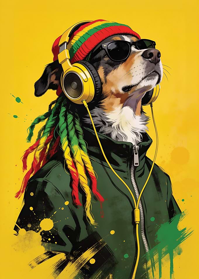 Reggae Dog with Headphones and Dreadlocks