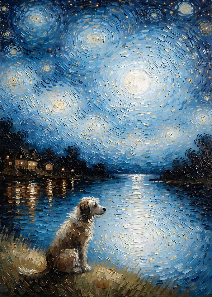 Dog Watching Starry Night Lake