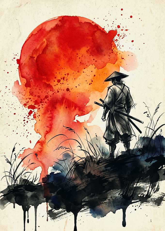 Samurai Warrior Japanese Watercolor Art Red Sun Ink Wash Landscape Aesthetic Poster