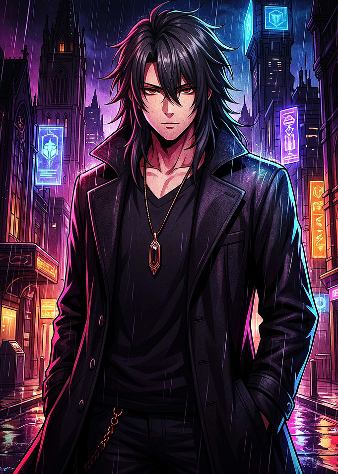 Anime Boy in Cyberpunk City Rain