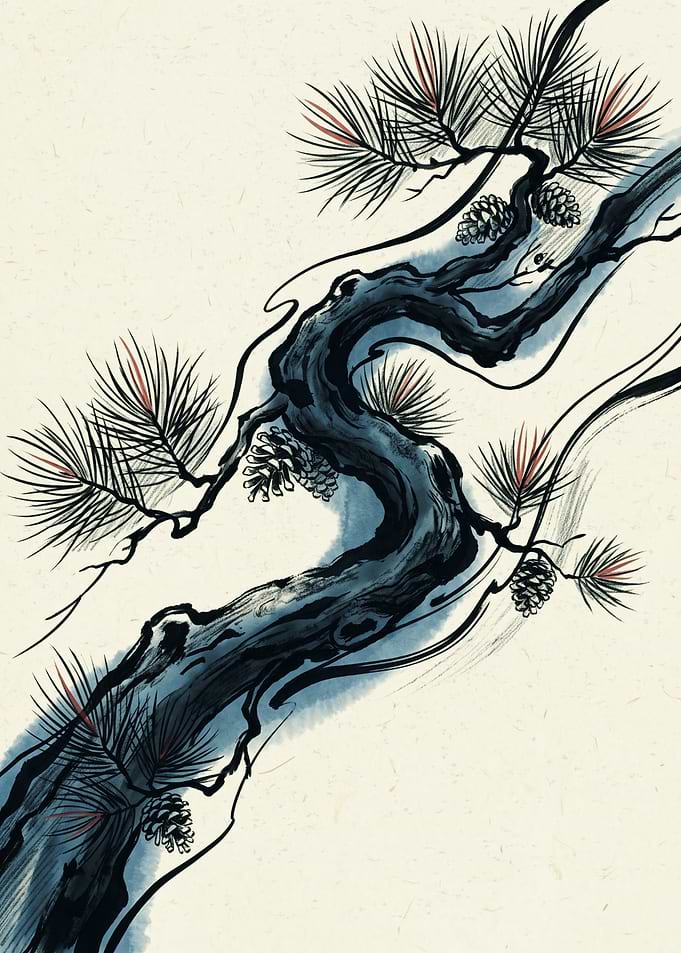Pine Tree Branch Japanese Ink Wash Painting Minimalist Nature Botanical Wall Art Print