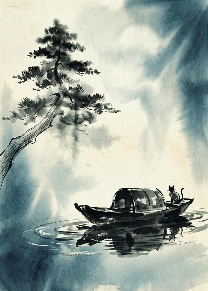 Cat Boat Japanese Sumi E Ink Wash Painting Pine Tree Moon Serene Landscape Art Poster