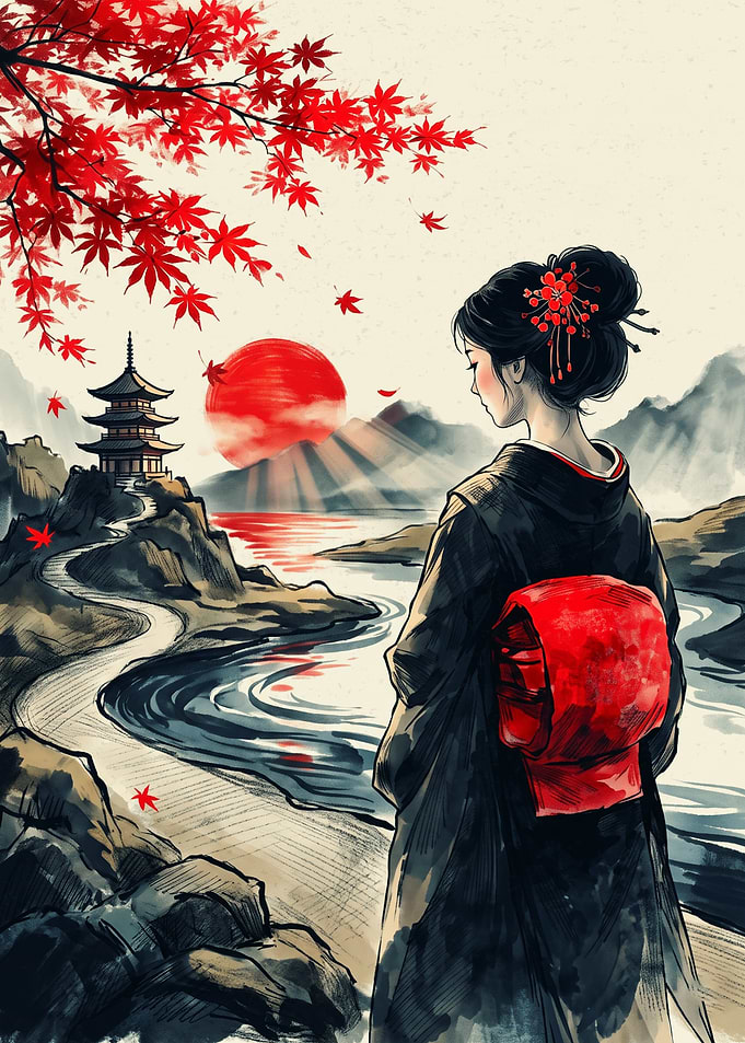 Anime Girl Kimono Japanese Watercolor Art Red Maple Leaf Pagoda Sunset Aesthetic Poster