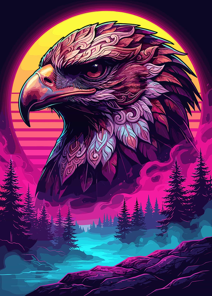Synthwave Eagle Over Forest Landscape