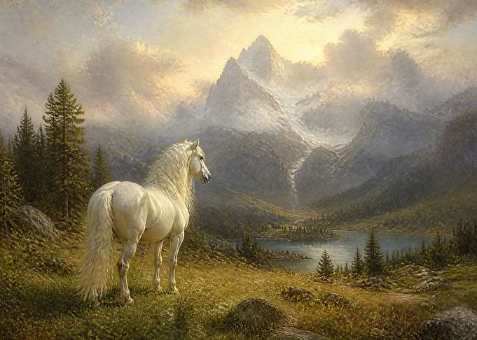 Majestic White Horse in Mountain Landscape