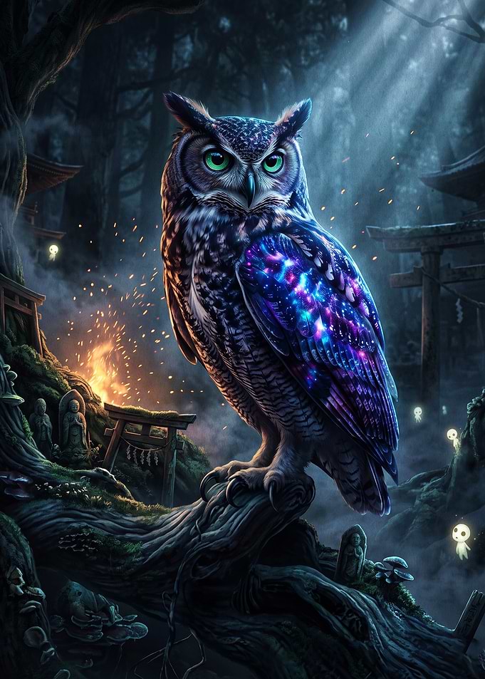 Mystical Cosmic Owl in Forest