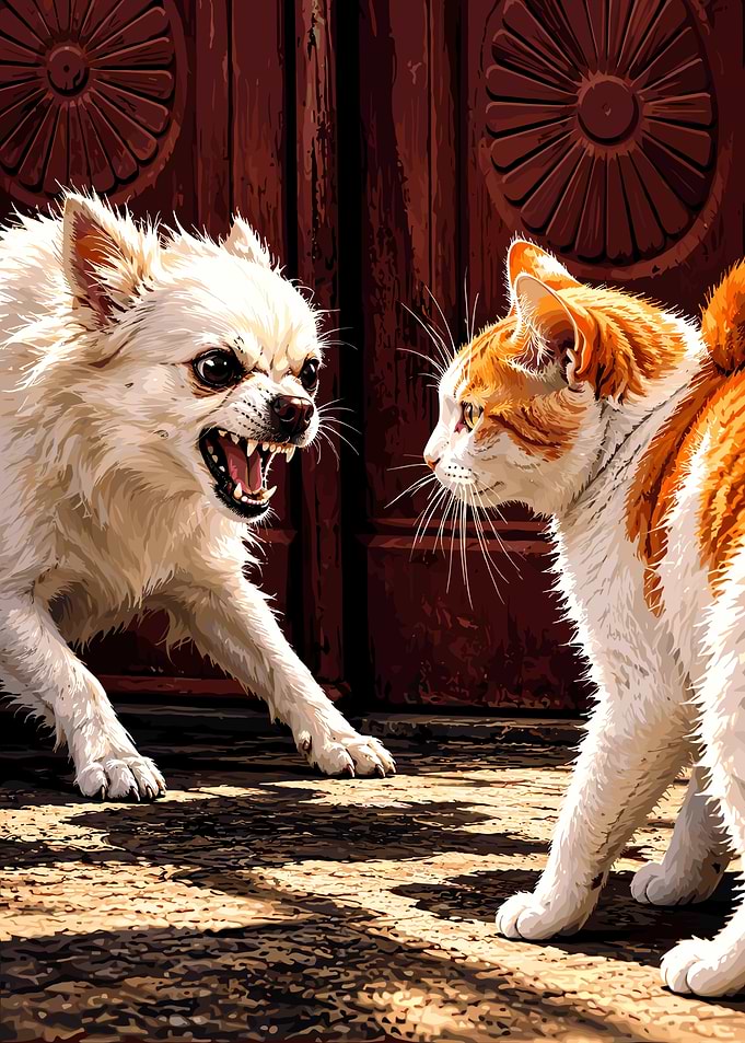 Aggressive Dog Confronting a Cat