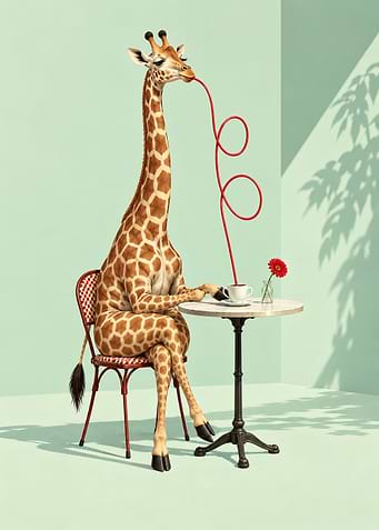 Giraffe Drinking Coffee at Cafe Surrealism