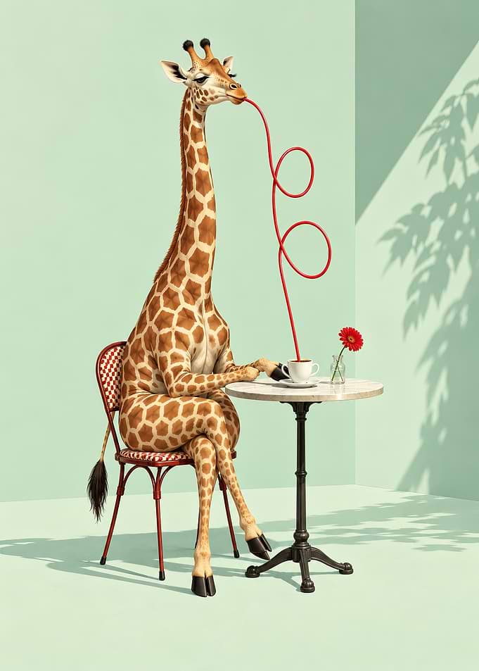 Giraffe Drinking Coffee at Cafe Surrealism