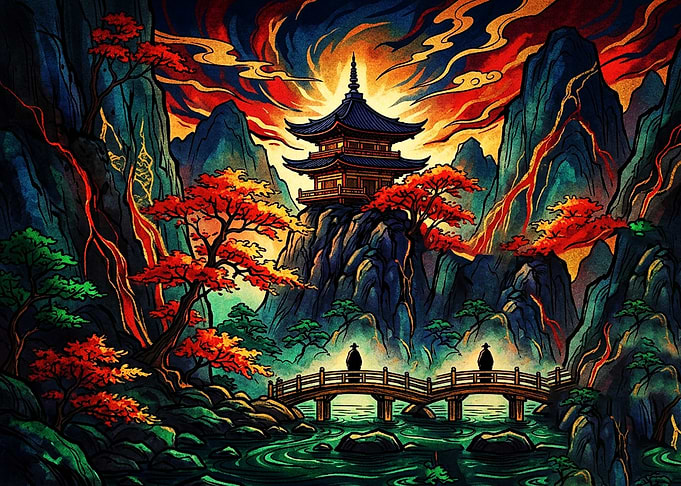 Pagoda Temple in Vibrant Mountain Landscape